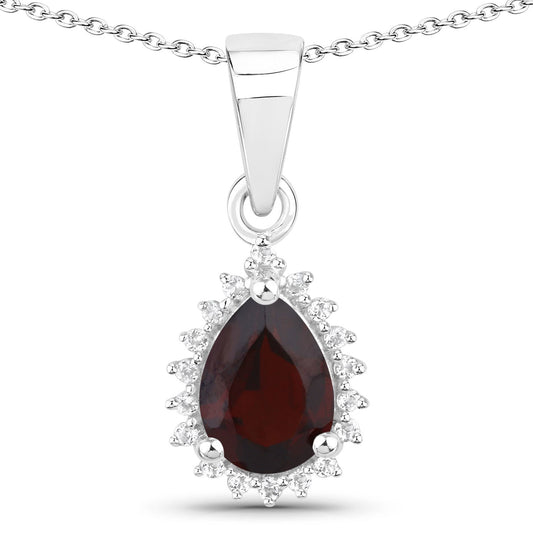Garnet pear pendant necklace with white topaz halo in .925 sterling silver on chain on Tampa Home & Garden Store