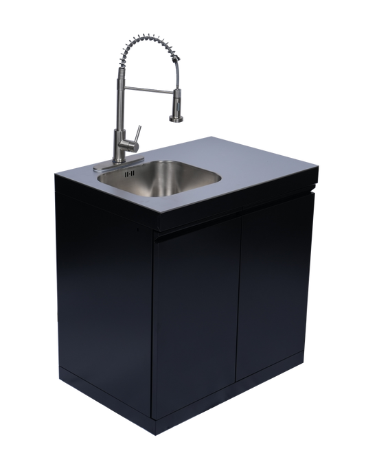 96-Inch outdoor kitchen island with sink and pull-down faucet on black base HouseOfZazla on Tampa Home & Garden Store