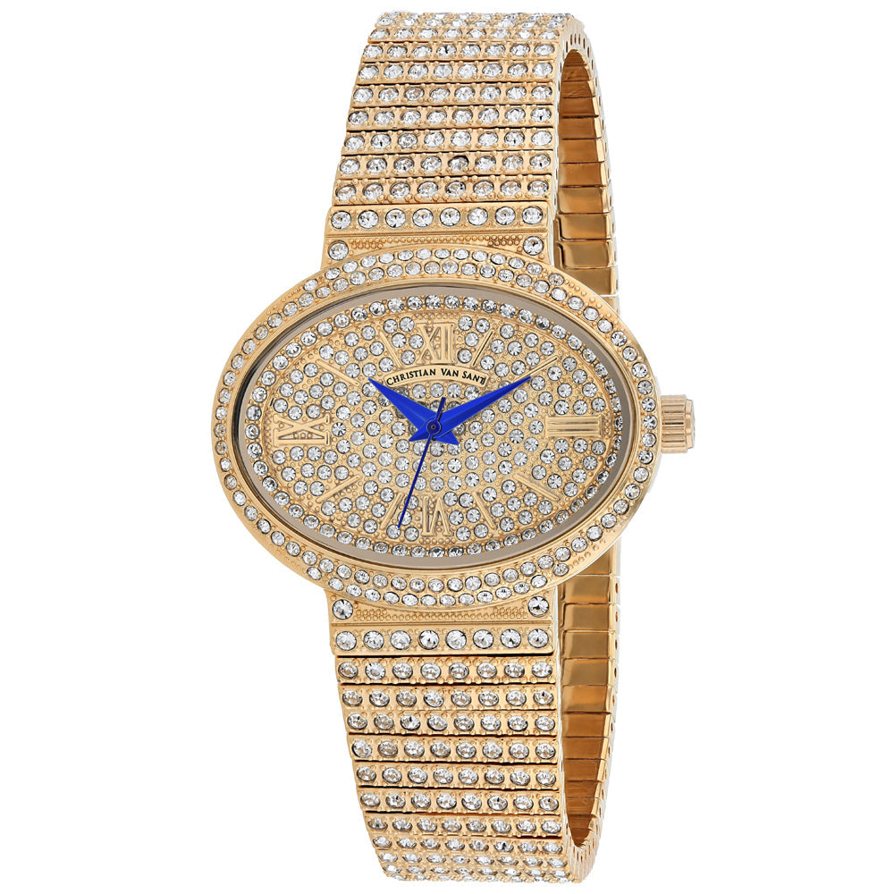 Christian Van Sant Women's Sparkler watch in gold-tone with crystal pave bracelet and blue hands on Tampa Home & Garden Store