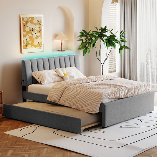 Stylish Upholstered Platform Bed and Trundle