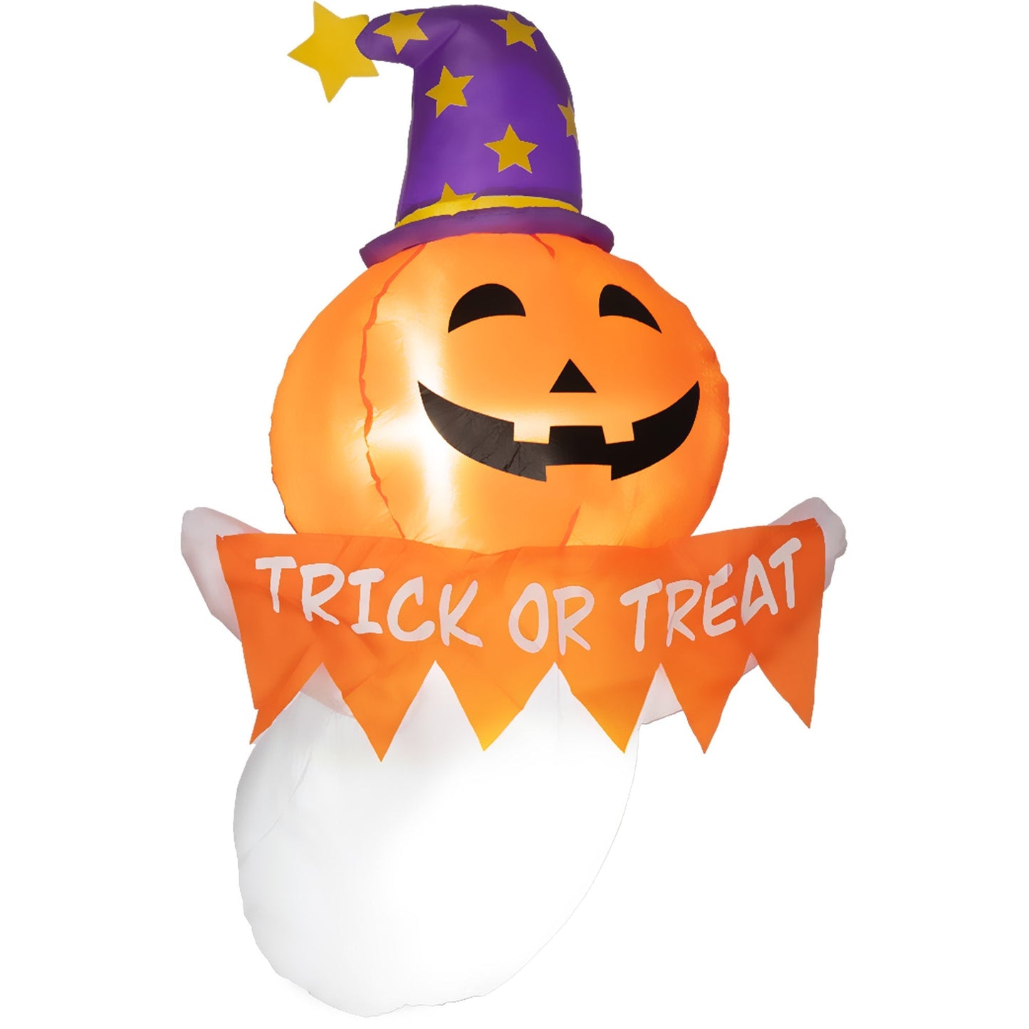 Inflatable Halloween pumpkin figure with purple starry witch hat and LED glow on Tampa Home & Garden Store