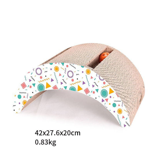 Sell My Stuff curved cat scratcher arch with sisal surface and geometric print, orange toy ball on Tampa Home & Garden Store