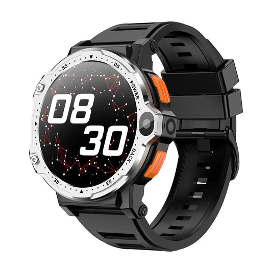 AP6 4G Smartwatch with Dual Camera, black silicone strap, orange buttons, silver bezel on Tampa Home & Garden Store