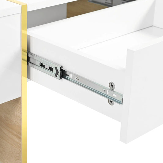 Rectangular white sofa table with 2 drawers, gold edge trim and metal slides on Tampa Home & Garden Store