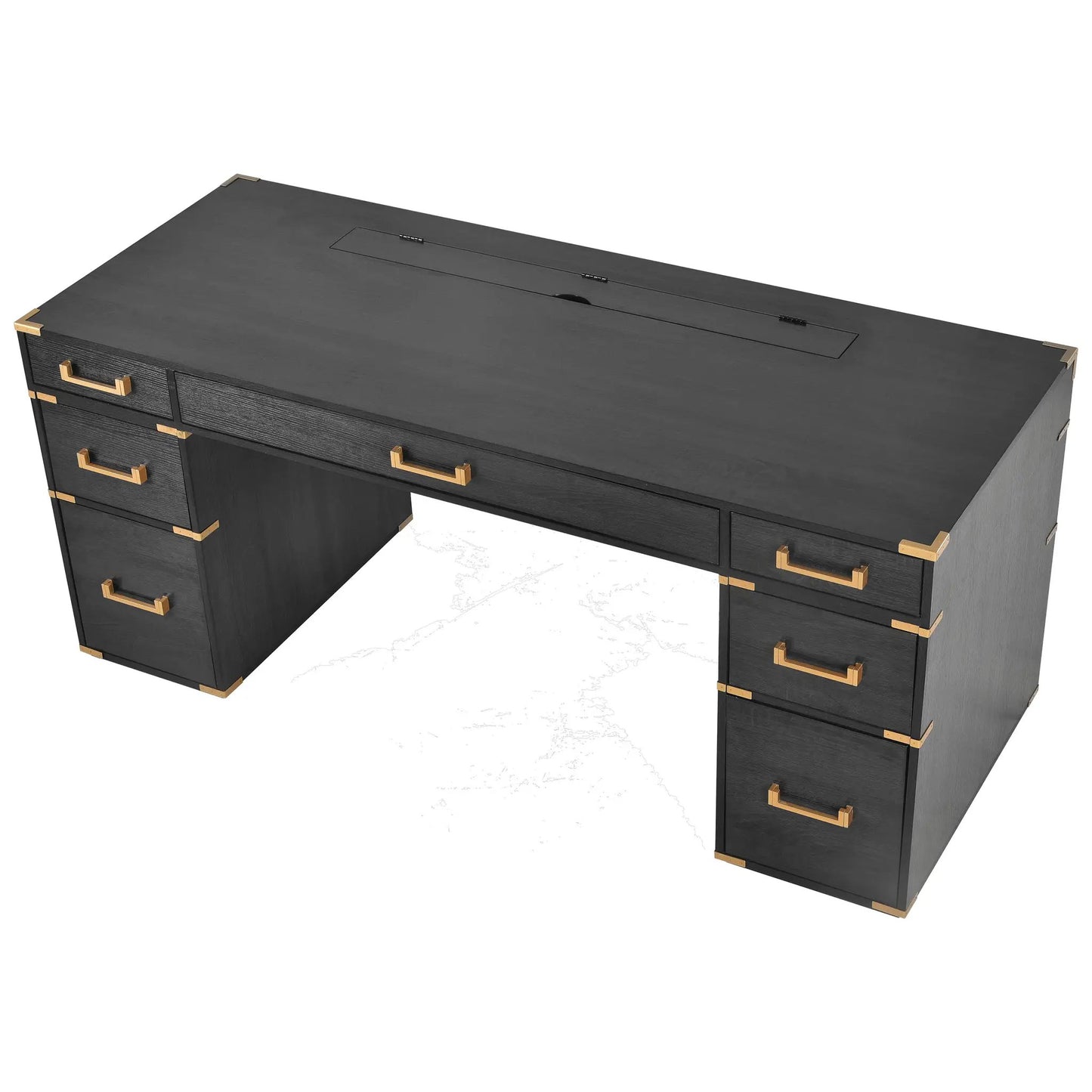 70 Inch Classic and Traditional Executive Desk black wood with brass hardware dual pedestals on Tampa Home & Garden Store