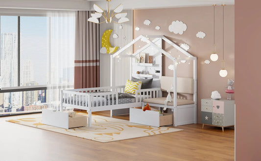 Twin-size house cabin bed with upholstered sofa in white, kids room by VIP Digital Presence on Tampa Home & Garden Store