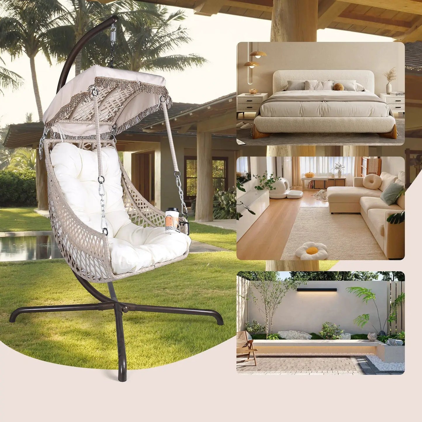 Columpio de huevo con soporte para interior y exterior, marco de mimbre y ratán, capacidad de 350 libras, silla hamaca para patio, dormitorio con tela parasol
