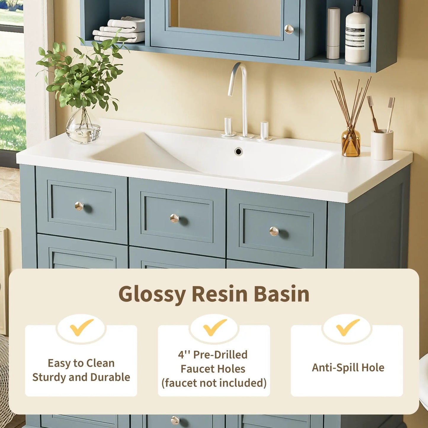 36-Inch mirror cabinet with shelves in blue-gray finish above a sink with chrome faucet on Tampa Home & Garden Store