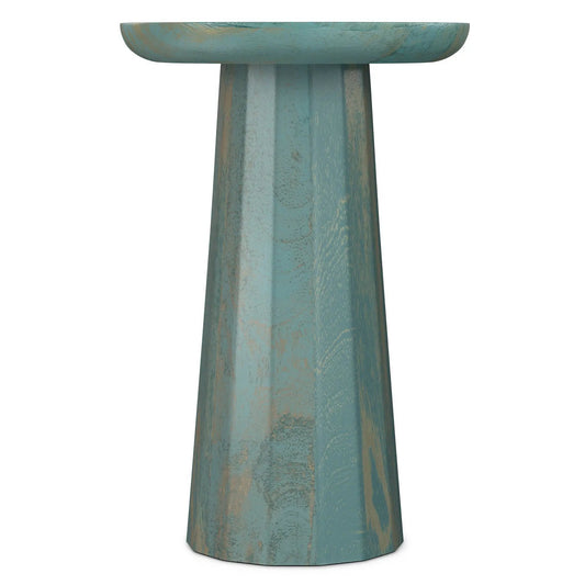 Dayton handcrafted wooden accent table with teal distressed pedestal base on Tampa Home & Garden Store