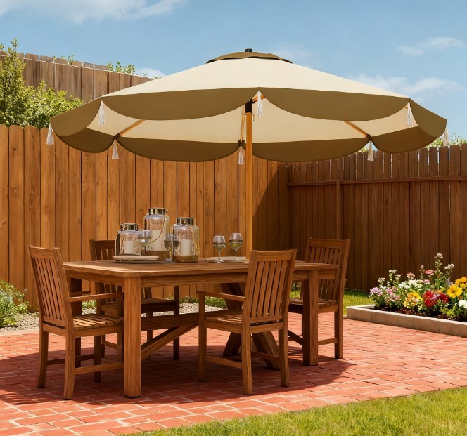 Vented patio table umbrella beige over a wooden outdoor dining set by HouseOfZazla on Tampa Home & Garden Store