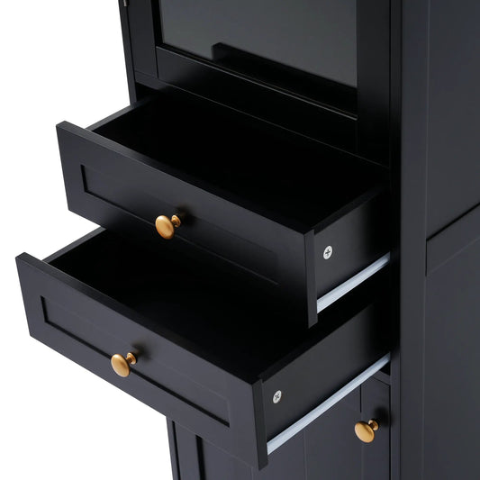 Tall black bathroom cabinet with glass doors, brass knobs, and open drawer on Tampa Home & Garden Store
