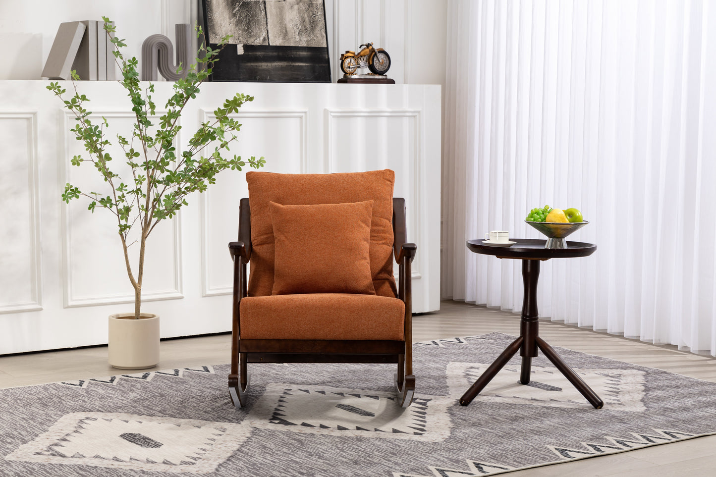 Fauteuils d'appoint Mid-Century Modern en tissu tissé, fauteuil à bascule rembourré confortable avec bois massif pour salon, chambre, balcon
