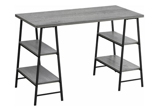 Computer desk with gray wood top and black metal frame and storage shelves on both ends on Tampa Home & Garden Store