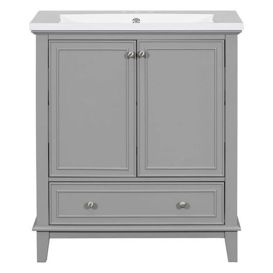 30 inch grey bathroom vanity with sink and white countertop, double-door cabinet with silver knobs on Tampa Home & Garden Store