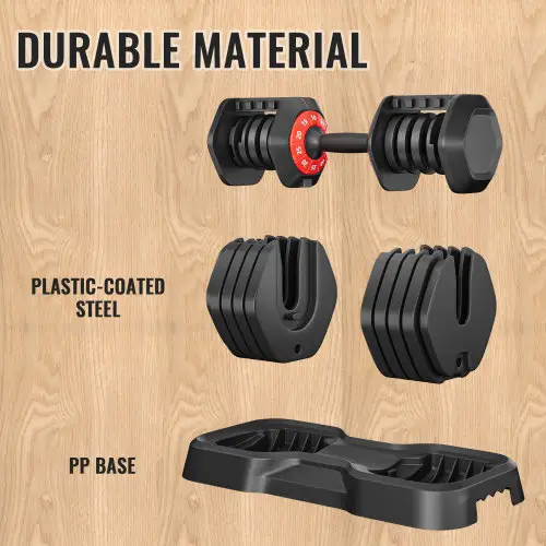 Adjustable dumbbell set 10 in 1 with plastic-coated steel plates and red dial, base included on Tampa Home & Garden Store