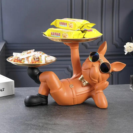 Creative Wealth Dog Ornament Key Tray Plate orange dog with glasses balancing 2 snack trays on Tampa Home & Garden Store