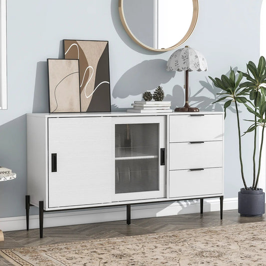 Storage sideboard with glass door and 3 drawers, white wood, black metal legs on Tampa Home & Garden Store