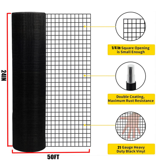 Vinyl coated hardware cloth roll, 21 ga galvanized steel, black, 50 ft, HouseOfZazla on Tampa Home & Garden Store