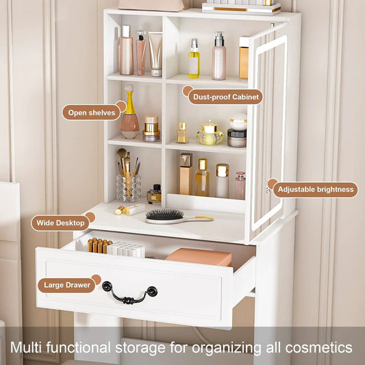 White modern mini vanity desk with open shelves and a large bottom drawer cosmetics visible on Tampa Home & Garden Store