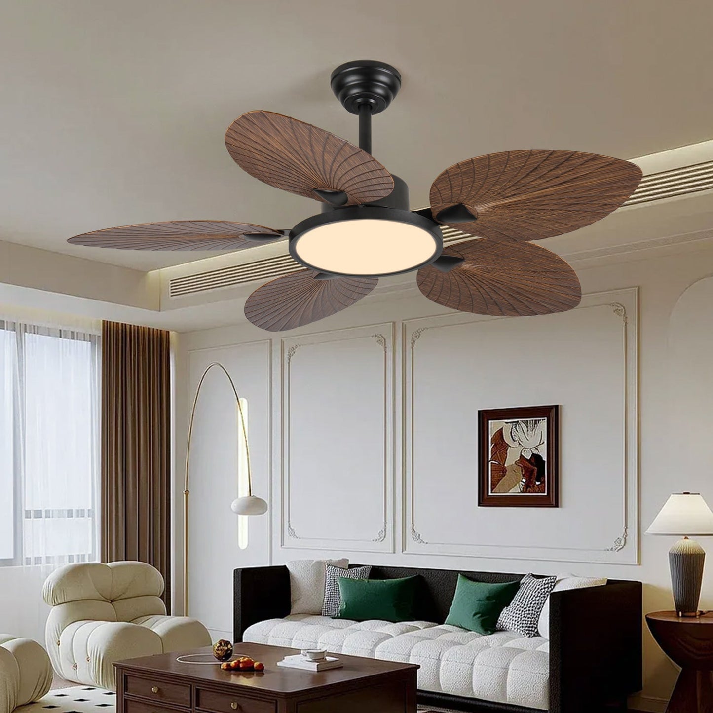 HouseOfZazla palm leaf ceiling fan with lights and remote, five brown palm leaf blades on Tampa Home & Garden Store