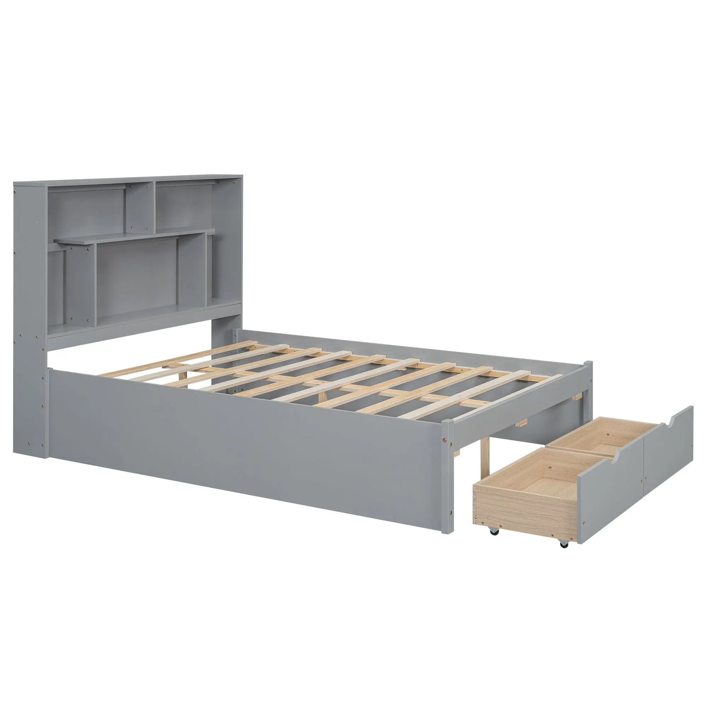 Full-size gray platform bed with storage headboard and light wood rolling chest on Tampa Home & Garden Store
