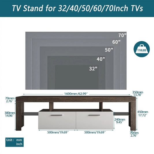 Brown Simple Modern TV Stand with Glass Shelf; dark wood frame and white drawers on Tampa Home & Garden Store