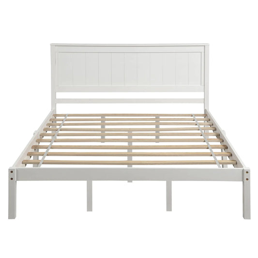 White queen platform bed frame with headboard by VIP Digital Presence, wooden slats on Tampa Home & Garden Store