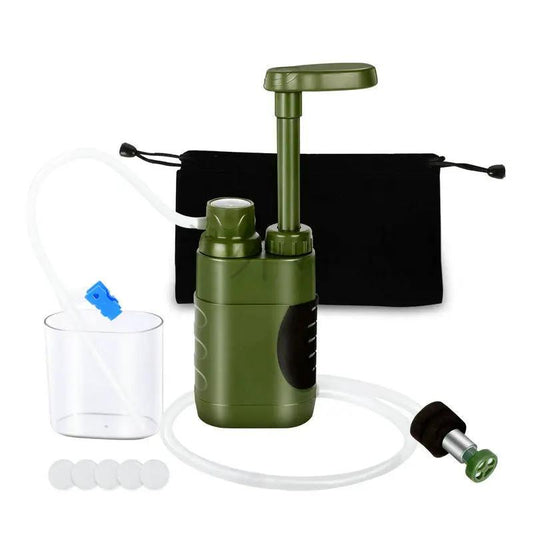Portable water filter pump for hiking, green unit with hand pump, tubing and carry bag on Tampa Home & Garden Store
