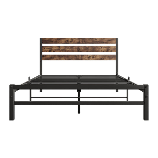 Full Size Platform Bed Frame with Rustic Vintage Wood Headboard Rustic Brown