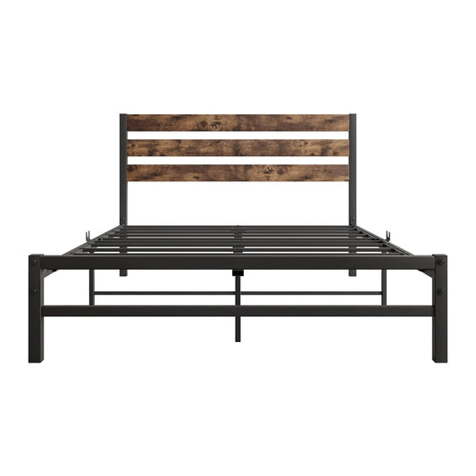 Full platform bed frame with rustic headboard and black metal rails VIP Digital Presence on Tampa Home & Garden Store
