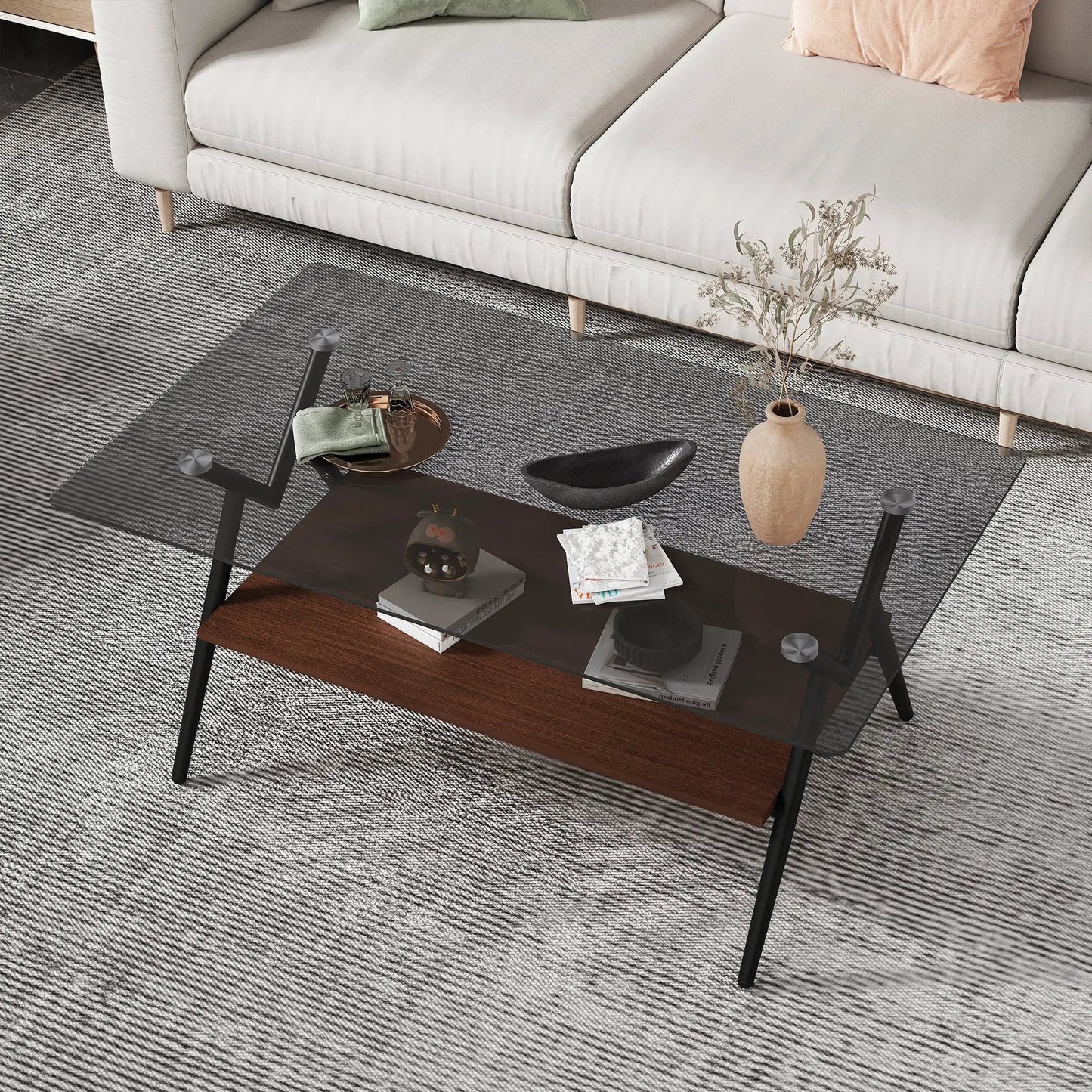 Table basse rectangulaire avec plateau en verre trempé et étagère en MDF marron, table moderne pour salon, verre gris