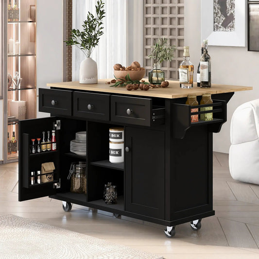 Kitchen cart with rubber wood drop leaf, black base, 5 wheels and storage drawers on Tampa Home & Garden Store