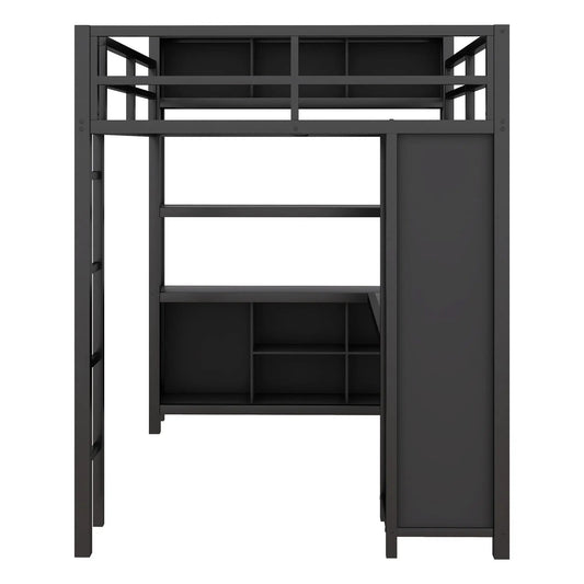 Metal loft bed with wardrobe and L-shaped desk in charcoal, sturdy dark-gray frame on Tampa Home & Garden Store