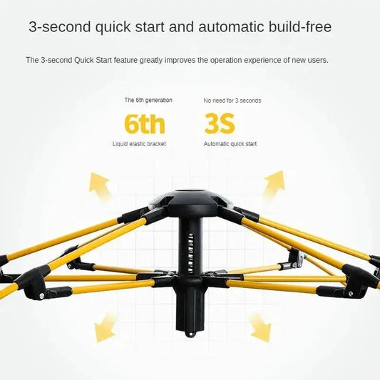 2-person pop-up camping tent frame with yellow poles and black hub VIP Digital Presence on Tampa Home & Garden Store