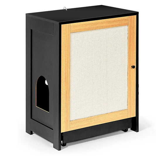 Cat litter box enclosure end table in black with natural wood trim and woven sisal panel on Tampa Home & Garden Store