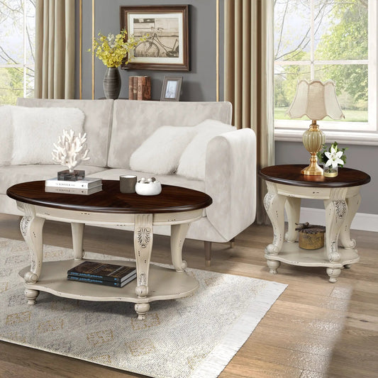 42 Inch oval wood coffee table with dark top and carved cream base with open storage on Tampa Home & Garden Store