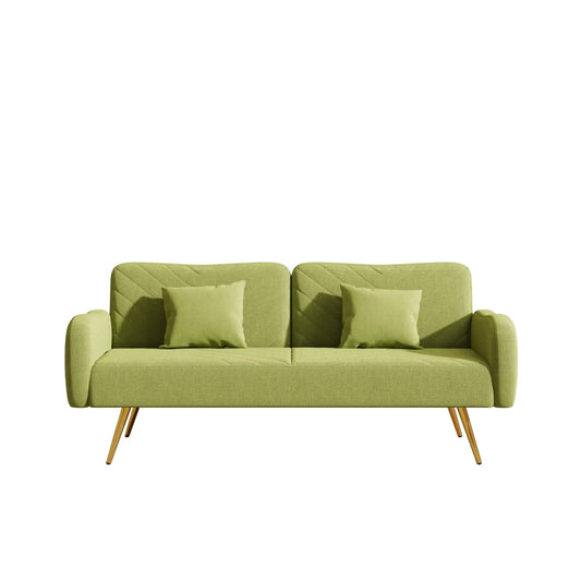 Green fabric loveseat with split backrest and two pillows, tapered gold legs on Tampa Home & Garden Store