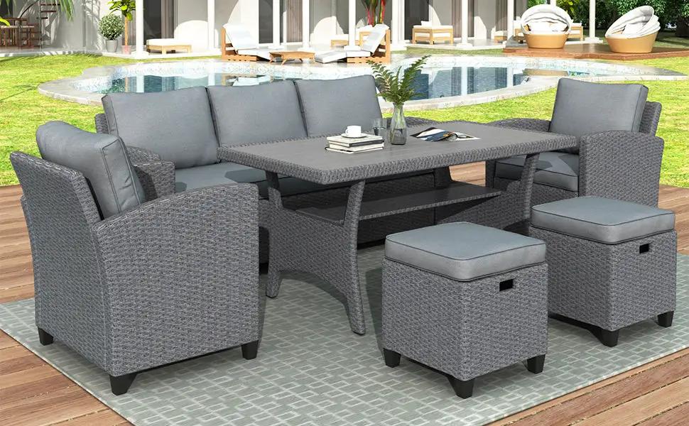 Juego de 6 piezas de ratán para exterior TOPMAX con sillas, taburetes y mesa (ratán gris + colchonetas grises)