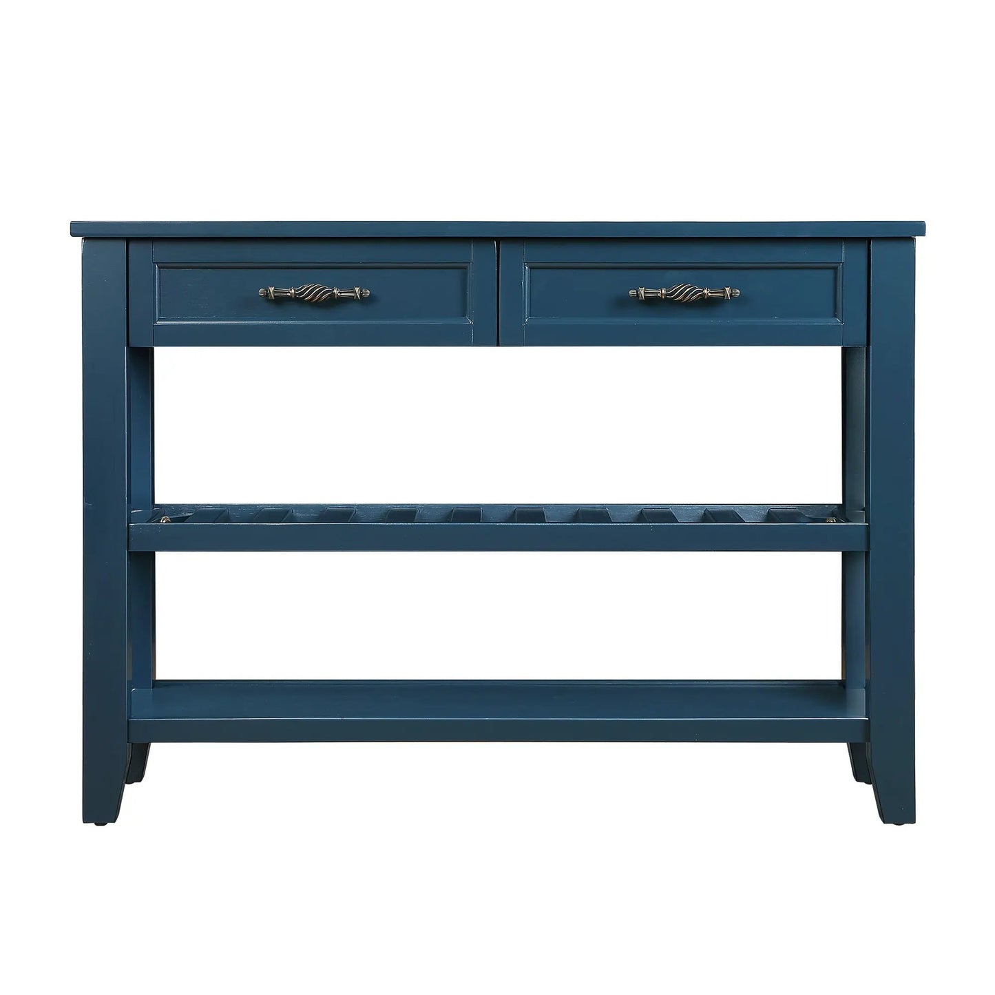 Console sofa table in navy blue with two storage drawers and open lower shelf on Tampa Home & Garden Store