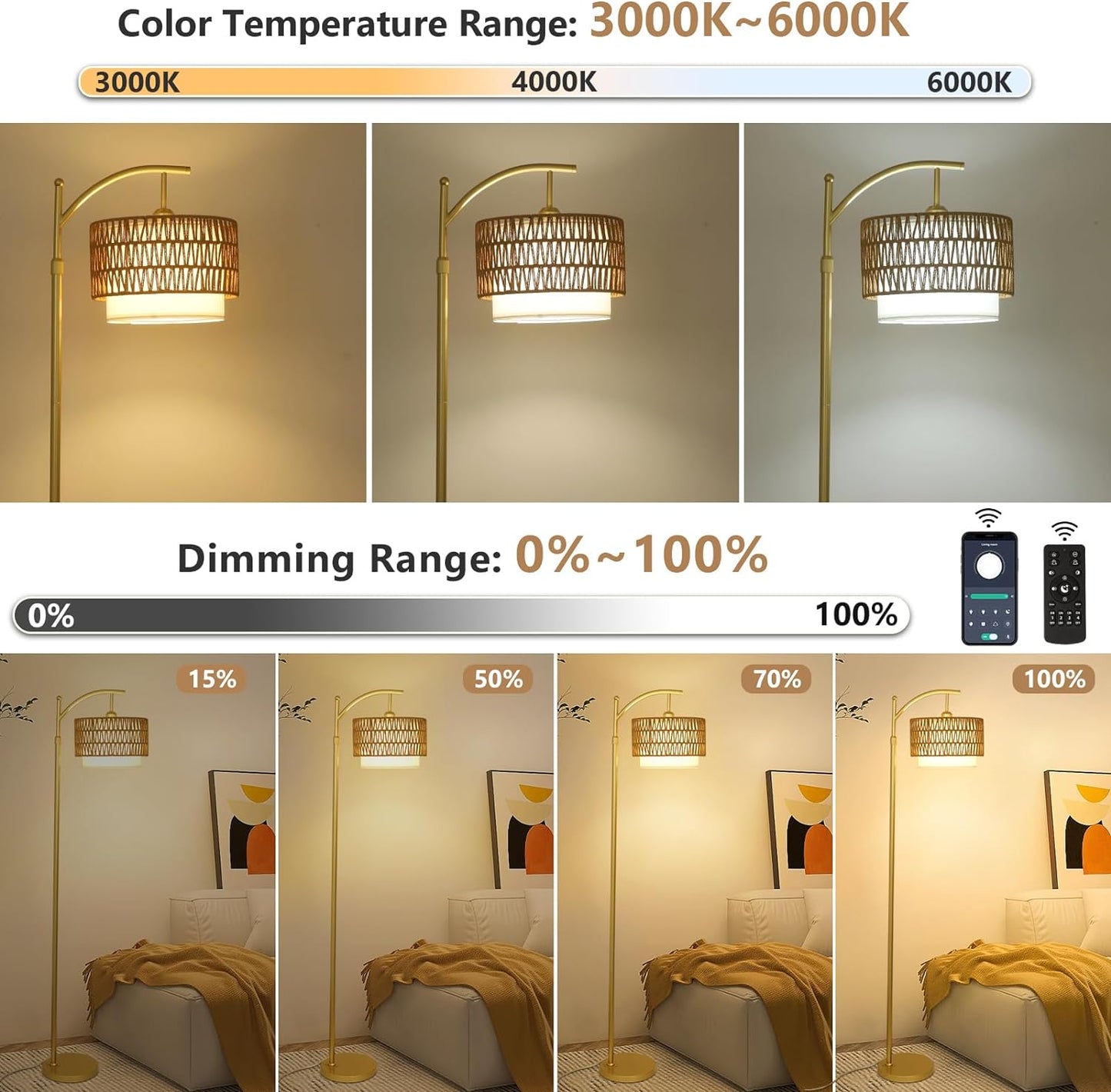 Gold Arc Floor Lamp with Remote and Dimmable LED