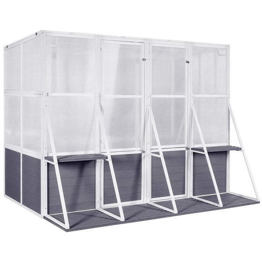 Wooden lean-to outdoor greenhouse walk-in with white framing and dark gray base panels on Tampa Home & Garden Store