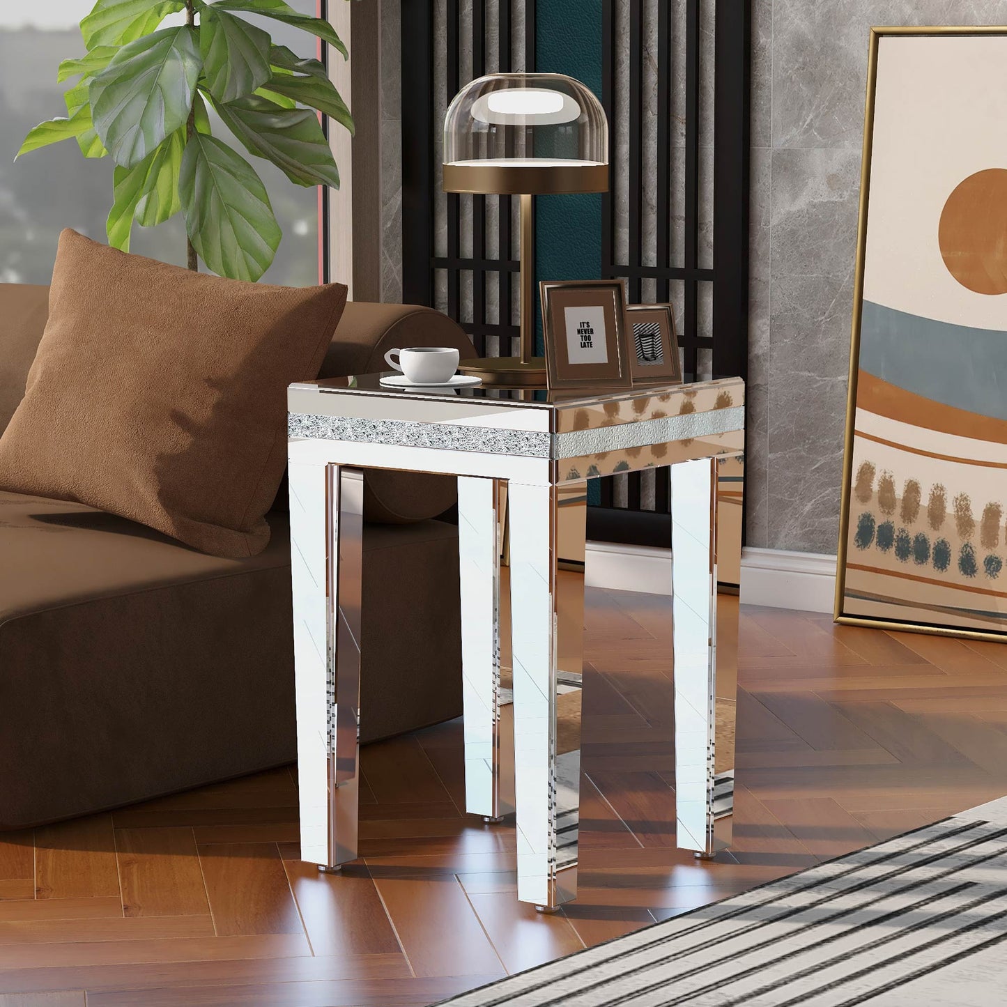 Table d'appoint en verre miroir ON-TRANS, design en cristal facile à monter et pied réglable en hauteur, argenté