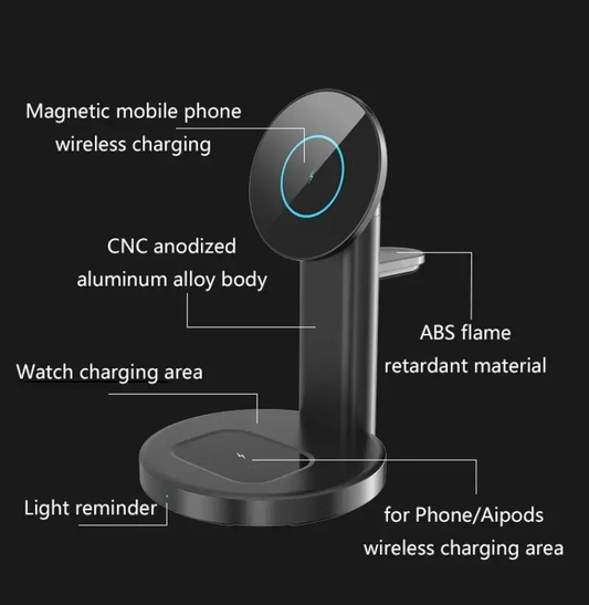 MagSafe Magnetic 3in1 Wireless Charger Stand black CNC aluminum body with watch charging on Tampa Home & Garden Store