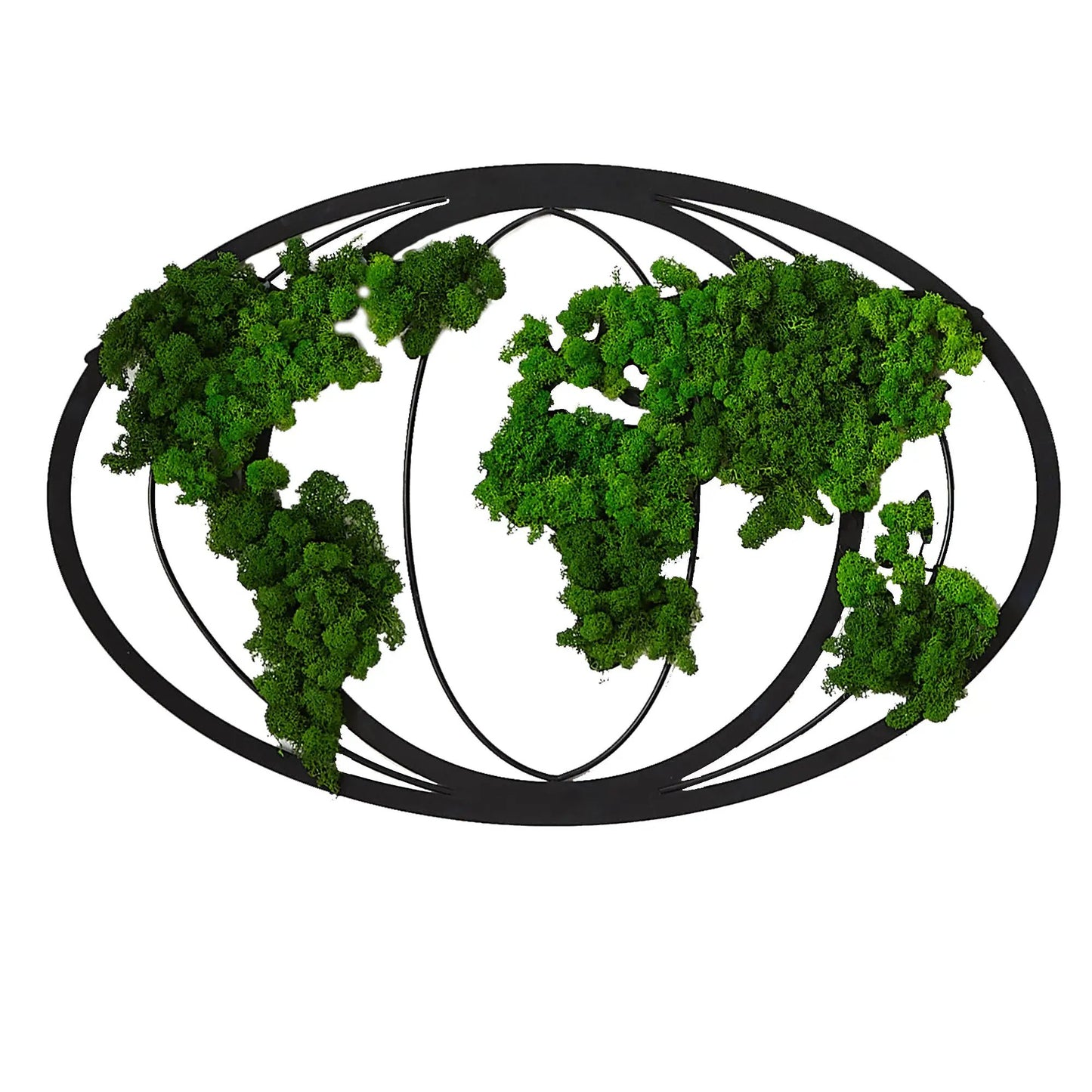 Moss World Map Green Iron Wall Decor globe with moss continents and black iron rings on Tampa Home & Garden Store