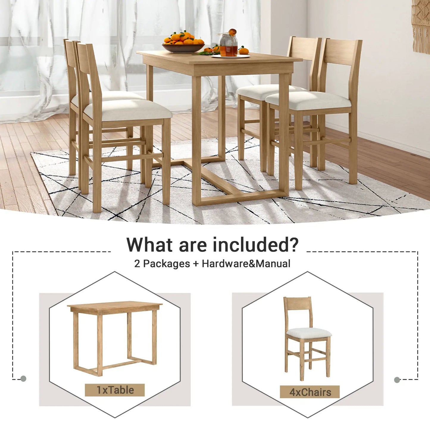 Juego de comedor de 5 piezas TOPMAX de altura de mostrador para casa de campo con 1 mesa de comedor rectangular y 4 sillas de comedor marrones