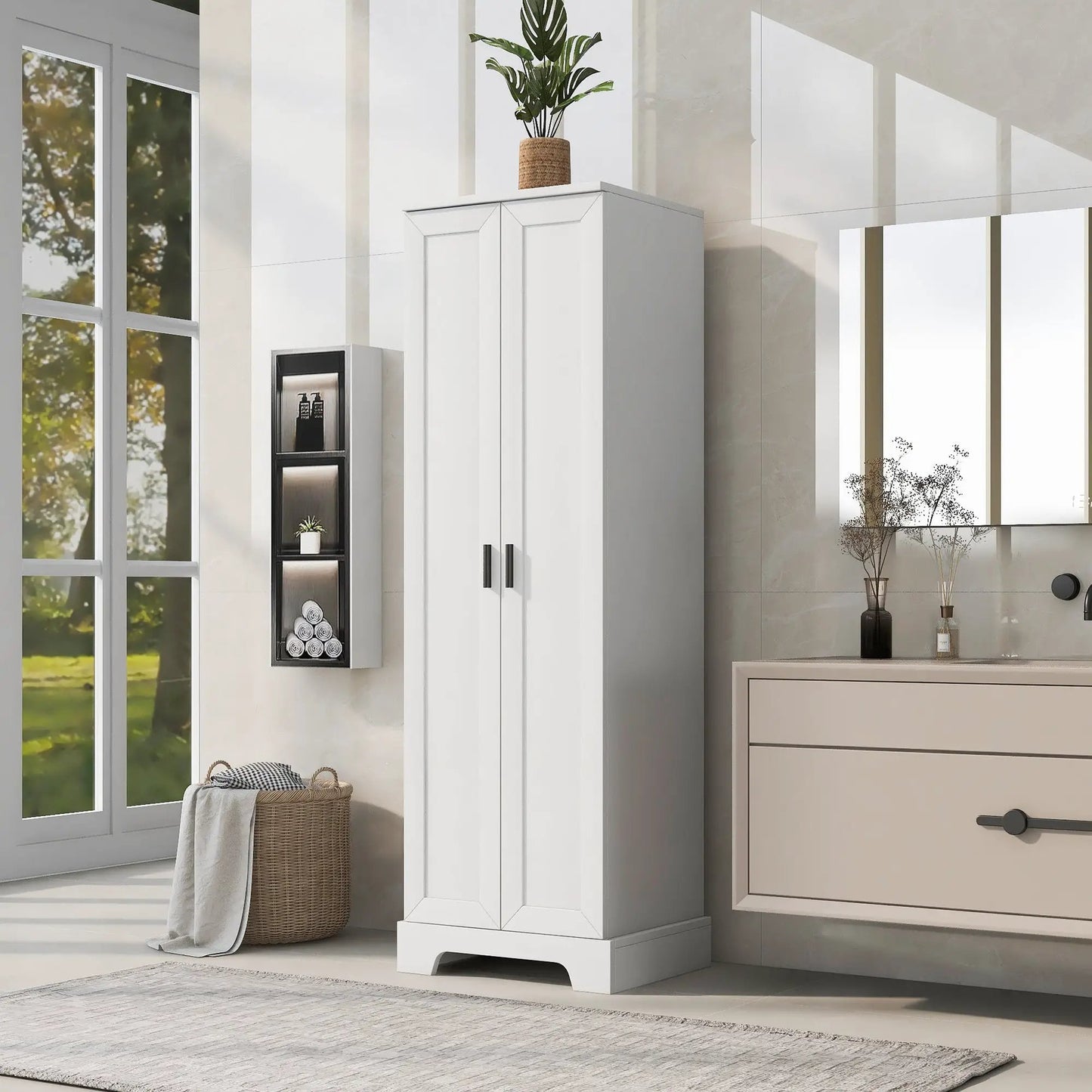 Storage cabinet with two doors, white, shelf of towels, topped by plant in woven basket on Tampa Home & Garden Store
