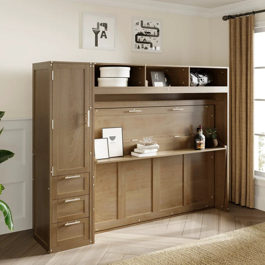 Murphy bed with wardrobe drawers and open shelves in warm oak finish, storage cubbies and bowls on Tampa Home & Garden Store