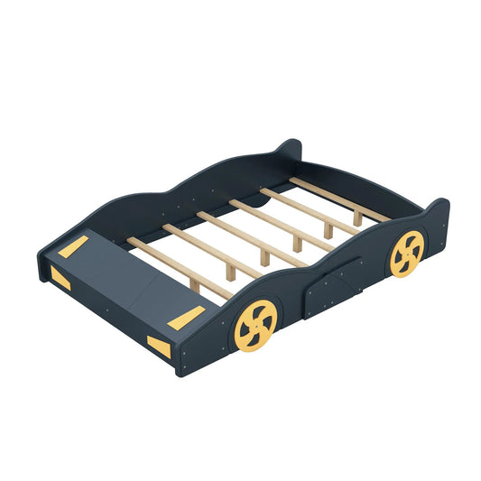 Full size race car bed frame in dark navy with yellow wheels and wooden slat support on Tampa Home & Garden Store