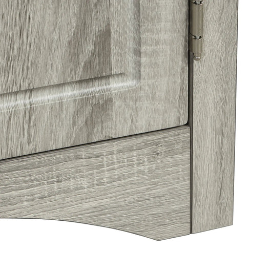 Oak Triangle Bath Storage Cabinet With Shelves, greywashed oak wood grain and metal hinge on Tampa Home & Garden Store