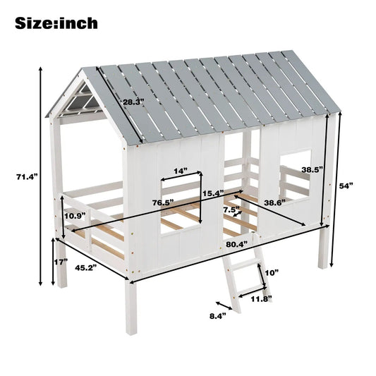 Twin size low loft bed with roof and windows, white wood frame, gray roof panels, ladder on Tampa Home & Garden Store